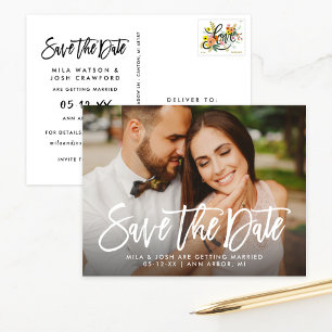Carte Postale Faire-part Mariage de script brossé moderne photo Enregistrer