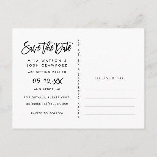 Carte Postale Faire-part Mariage de script brossé moderne photo Enregistrer (Dos)