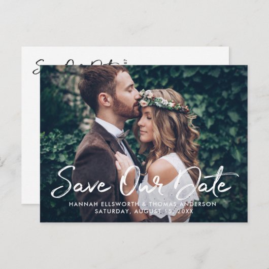 Carte Postale Faire-part Mariage de script brossé moderne photo Enregistrer (Devant / Derrière)