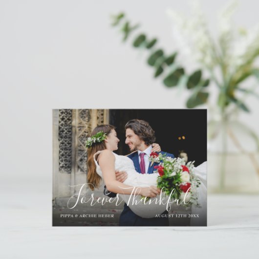 Carte Postale Faire-part Mariage de script chic photo moderne Merci simple (Debout devant)