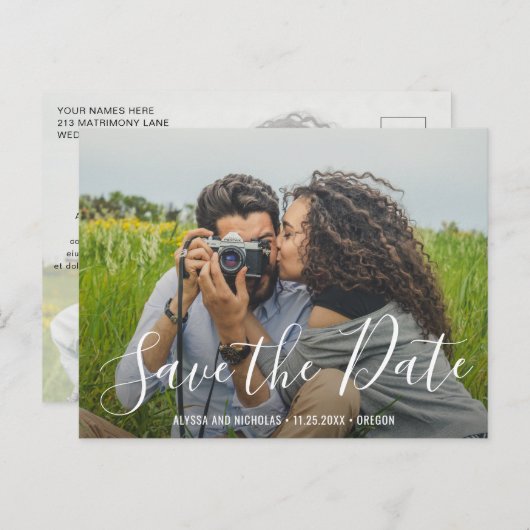 Carte Postale Faire-part Mariage de script moderne et élégant Photo Enregis (Devant / Derrière)