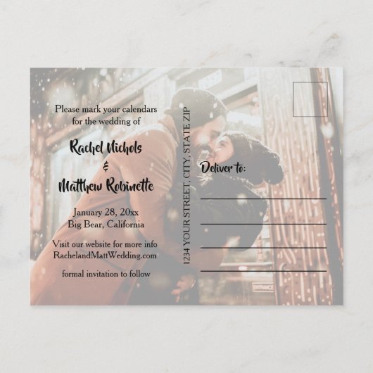Carte Postale Faire-part Mariage de script moderne Photo Enregistrer la dat (Dos)