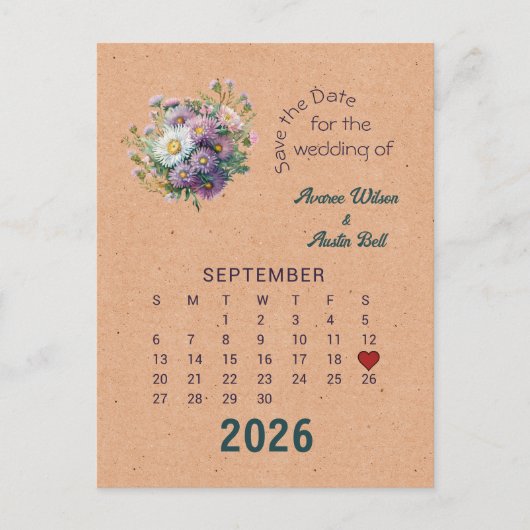 Carte Postale Faire-part Mariage de Style Calendrier Enregistrer la Date Se (Devant)