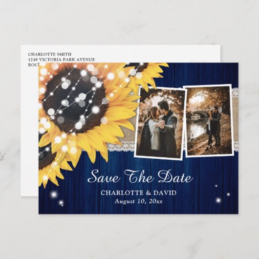 Carte Postale Faire-part Mariage de Tournesol Bleu Marine Photo Enregistrer (Devant / Derrière)