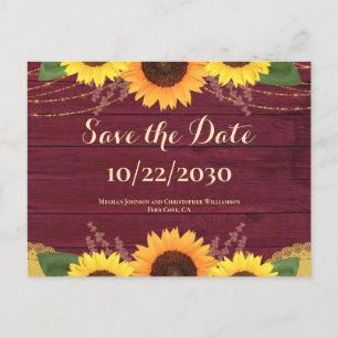 Carte Postale Faire-part Mariage de tournesol en bois de marron rustique En