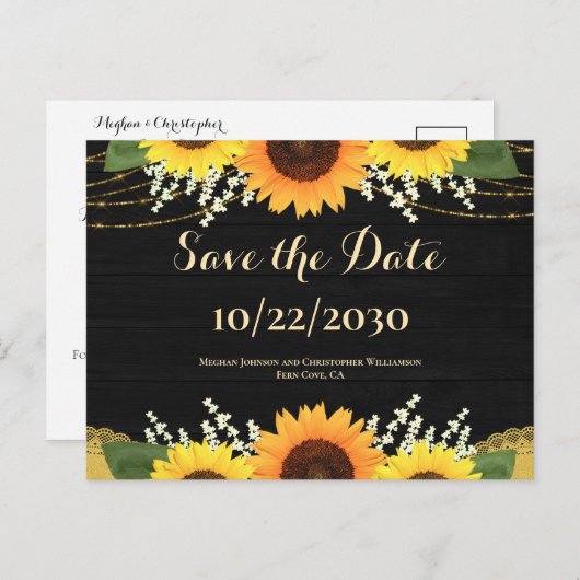 Carte Postale Faire-part Mariage de tournesol rustique en bois noir Enregis (Devant / Derrière)