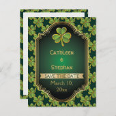 Carte Postale Faire-part Mariage de trèfle en or, vert irlandais Enregistre (Devant / Derrière)