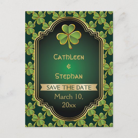 Carte Postale Faire-part Mariage de trèfle en or, vert irlandais Enregistre (Devant)