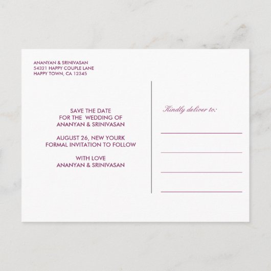 Carte Postale Faire-part Mariage d'éléphant violet à fleur indienne (Dos)