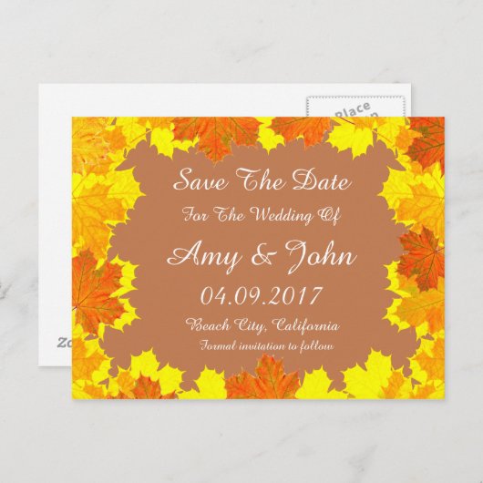 Carte Postale Faire-part Mariage des feuilles d'automne sauf la date automn (Devant / Derrière)