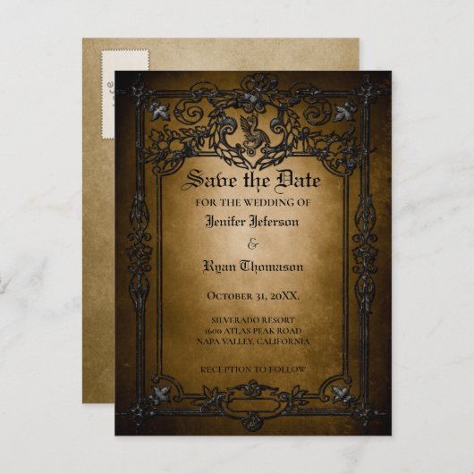 Carte Postale Faire-part Mariage d'halloween gothique enregistrer la date c (Devant / Derrière)