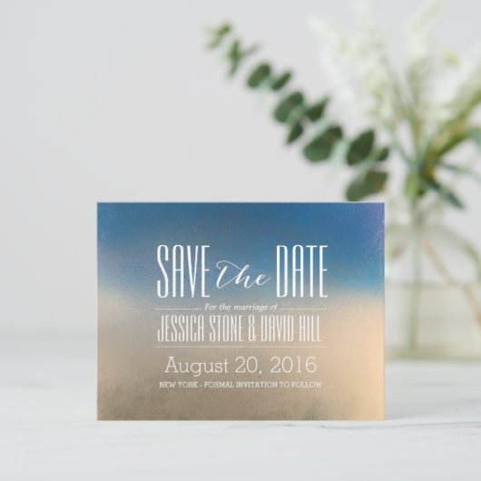 Carte Postale Faire-part Mariage d'hiver bleu et blanc élégant Enregistrez (Debout devant)