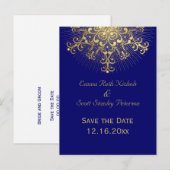 Carte Postale Faire-part Mariage d'hiver bleu flocon de neige doré Enregist (Devant / Derrière)