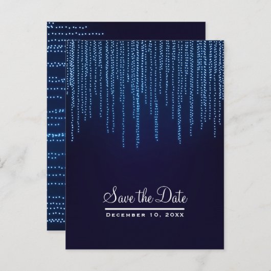 Carte Postale Faire-part Mariage d'Hiver Élégant Lumières Bleues Épargnez l (Devant / Derrière)