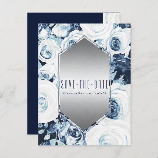 Carte Postale Faire-part Mariage d'hiver en argent bleu blanc Enregistrer l (Devant / Derrière)