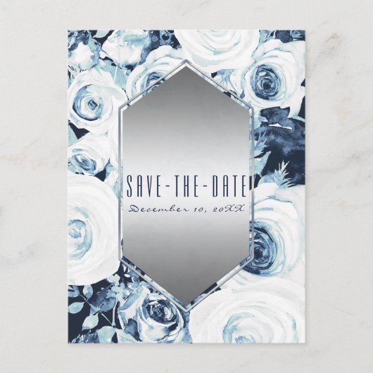 Carte Postale Faire-part Mariage d'hiver en argent bleu blanc Enregistrer l (Devant)