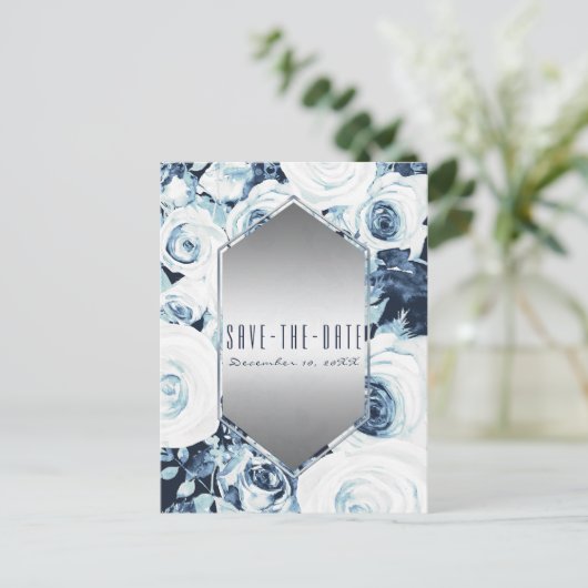 Carte Postale Faire-part Mariage d'hiver en argent bleu blanc Enregistrer l (Debout devant)