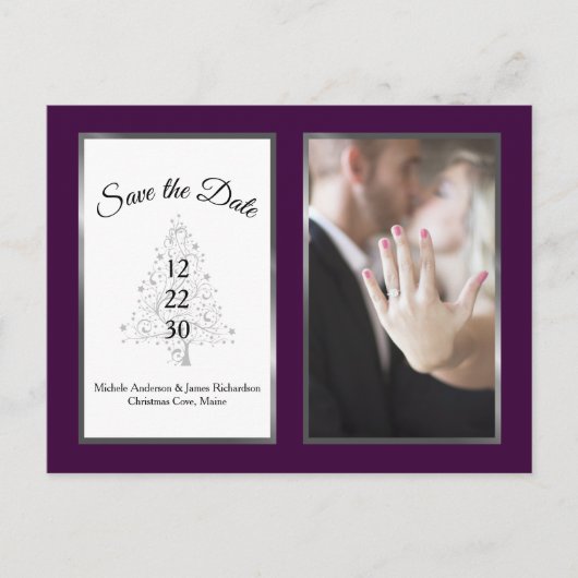 Carte Postale Faire-part Mariage d'hiver en argent violet Enregistrer la ph (Devant)