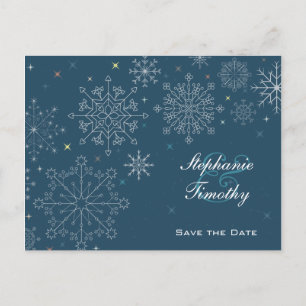 Carte Postale Faire-part Mariage d'hiver flocons de neige bleu marine, save