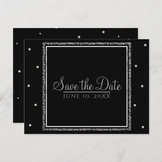 Carte Postale Faire-part Mariage d'Hiver Glam Argent & Blanc Enregistrez la (Devant / Derrière)