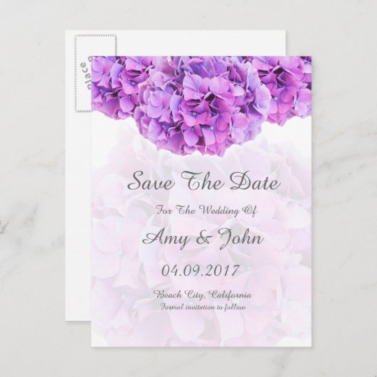 Carte Postale Faire-part Mariage d'hydrangée violette enregistrer la date (Devant / Derrière)
