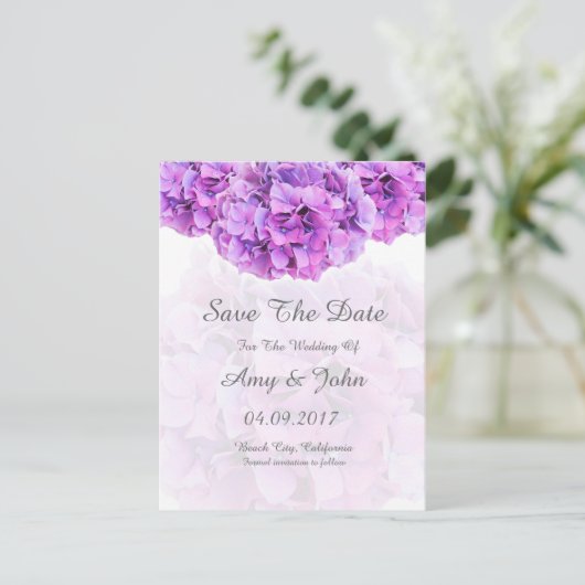 Carte Postale Faire-part Mariage d'hydrangée violette enregistrer la date (Debout devant)