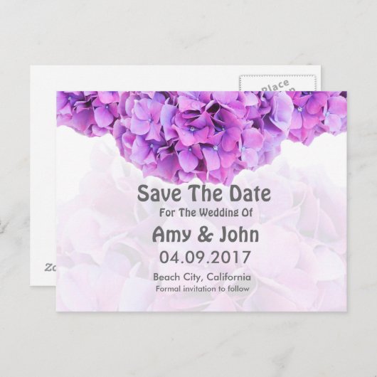 Carte Postale Faire-part Mariage d'hydrangée violette enregistrer la date h (Devant / Derrière)