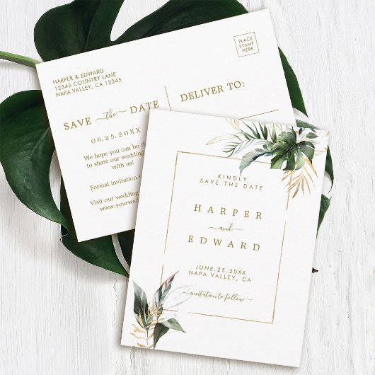 Carte Postale Faire-part Mariage d'or des Feuilles tropicaux Enregistrer la