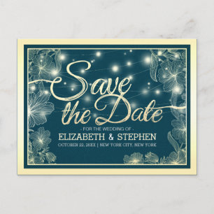 Carte Postale Faire-part Mariage Économisez La Date Chic Bleu Or Fleurs Cla