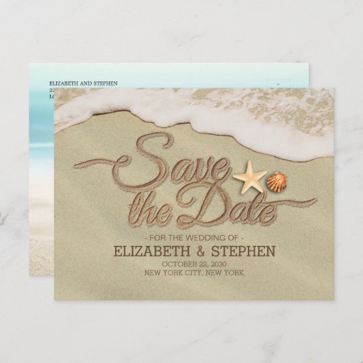 Carte Postale Faire-part Mariage Économisez La Date Été Plage Sablonneuse É (Devant / Derrière)