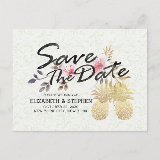 Carte Postale Faire-part Mariage Économisez La Date Moderne Golden Pineappl (Devant)