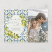Carte Postale Faire-part Mariage élégant italien carrelage bleu citron (Devant)