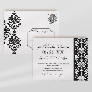 Carte Postale Faire-part Mariage Élégant Noir Blanc Damassé à Rinceaux