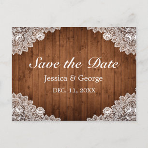 Carte Postale Faire-part Mariage en bois rustique et dentelle blanche