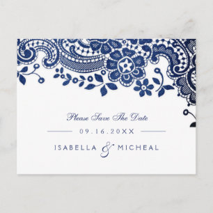 Carte Postale Faire-part Mariage en dentelle vintage bleu élégant enregistr