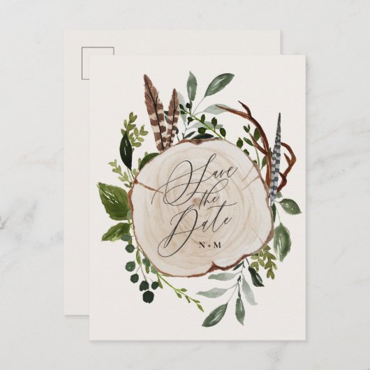 Carte Postale Faire-part Mariage en tranches de bois rustique enregistrer l (Devant / Derrière)