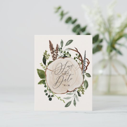 Carte Postale Faire-part Mariage en tranches de bois rustique enregistrer l (Debout devant)