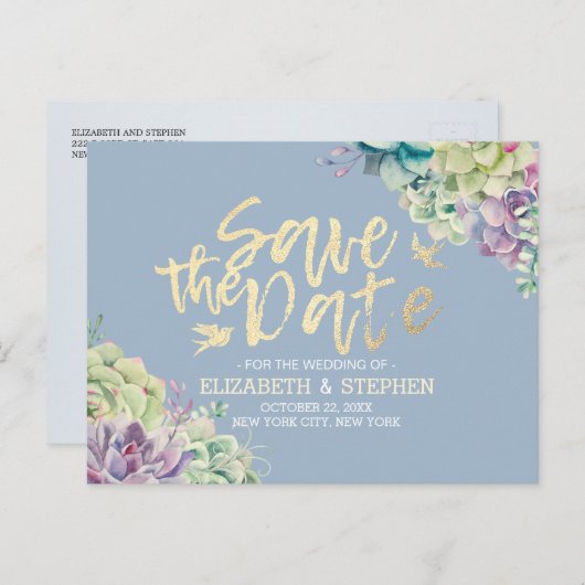 Carte Postale Faire-part Mariage Enregistrer La Date Aquarelle Plantes Succ (Devant / Derrière)