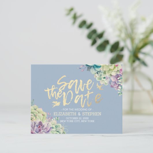 Carte Postale Faire-part Mariage Enregistrer La Date Aquarelle Plantes Succ (Debout devant)