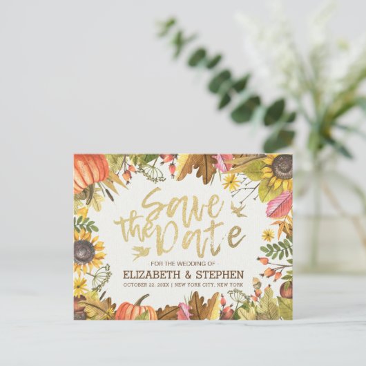 Carte Postale Faire-part Mariage Enregistrer La Date Automne Automne Feuill (Debout devant)