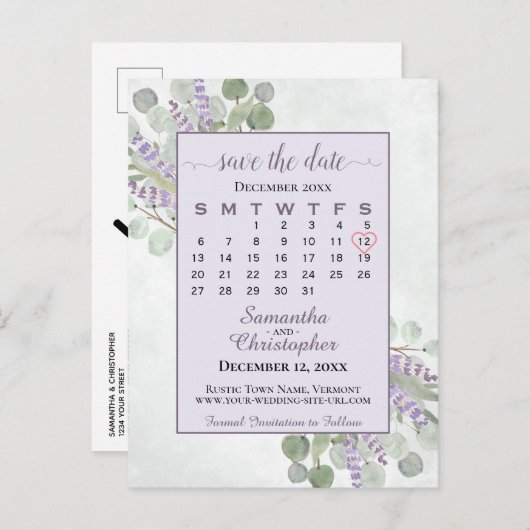 Carte Postale Faire-part Mariage Enregistrer la date Calendrier Eucalyptus  (Devant / Derrière)