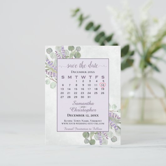 Carte Postale Faire-part Mariage Enregistrer la date Calendrier Eucalyptus  (Debout devant)
