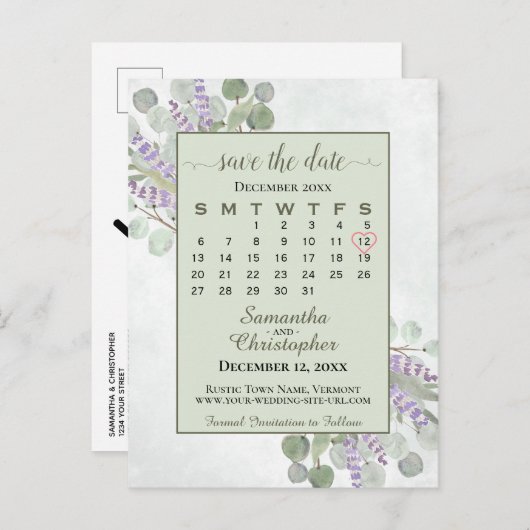 Carte Postale Faire-part Mariage Enregistrer la date Calendrier Eucalyptus  (Devant / Derrière)
