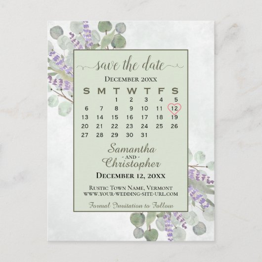 Carte Postale Faire-part Mariage Enregistrer la date Calendrier Eucalyptus  (Devant)