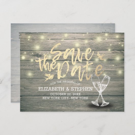 Carte Postale Faire-part Mariage Enregistrer La Date Champagne Verres Bois  (Devant / Derrière)