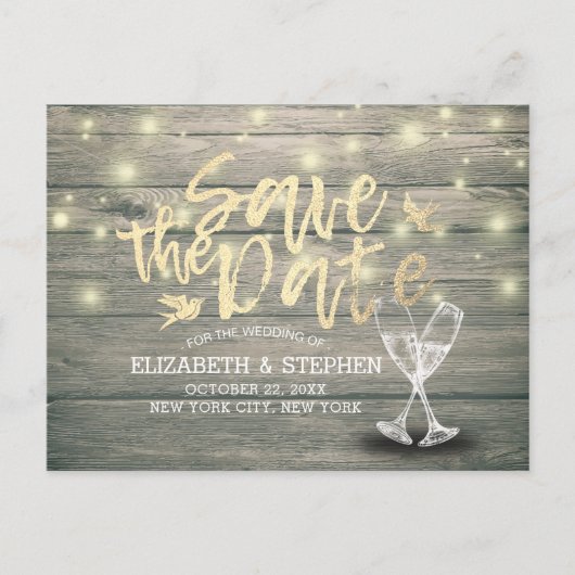 Carte Postale Faire-part Mariage Enregistrer La Date Champagne Verres Bois  (Devant)