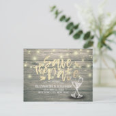 Carte Postale Faire-part Mariage Enregistrer La Date Champagne Verres Bois  (Debout devant)