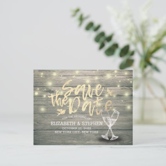 Carte Postale Faire-part Mariage Enregistrer La Date Champagne Verres Bois  (Debout devant)