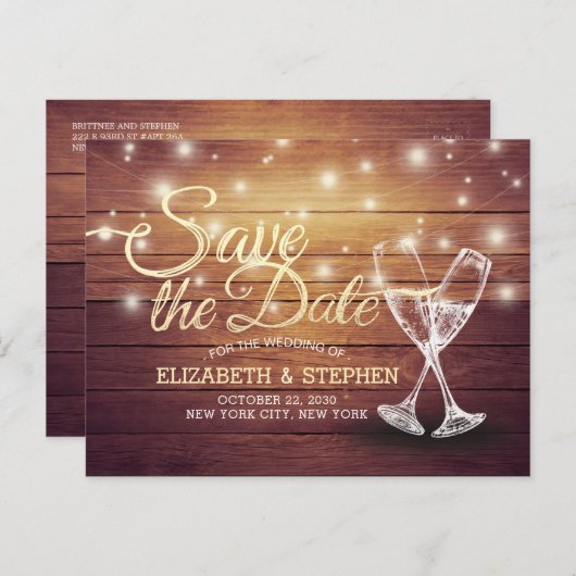 Carte Postale Faire-part Mariage Enregistrer La Date Champagne Verres Bois (Devant / Derrière)