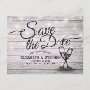 Carte Postale Faire-part Mariage Enregistrer La Date Champagne Verres Bois 